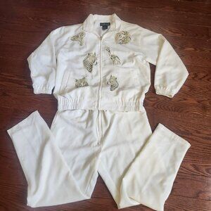 Vintage 80s Mureli Embroidered Safari Baroque Zipper Track Suit White Gold Sz S
